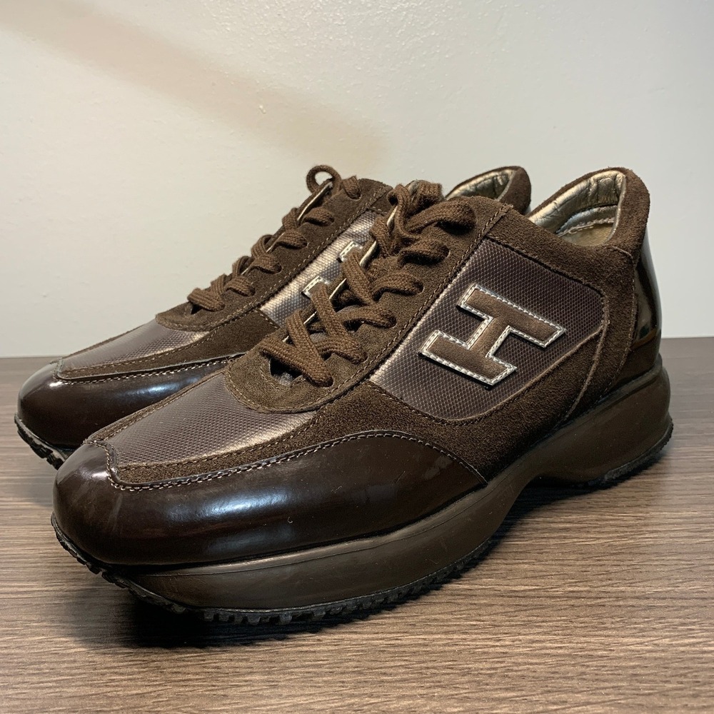 Hogan Interactive Brown Patent Leather Suede Platform Sneakers Womens 38.5